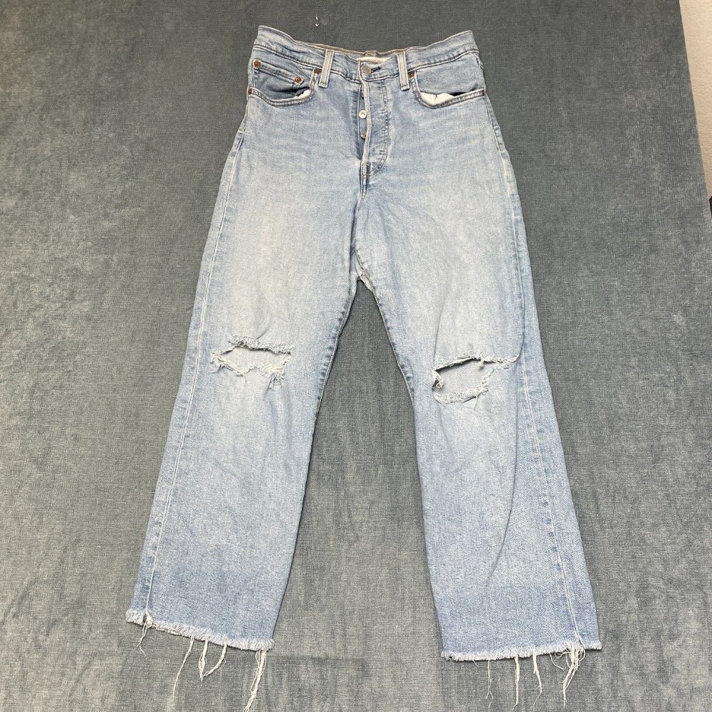 Levi's Ribcage Straight Ankle Jeans Womens 30 Blue Denim Distressed Frayed Hem